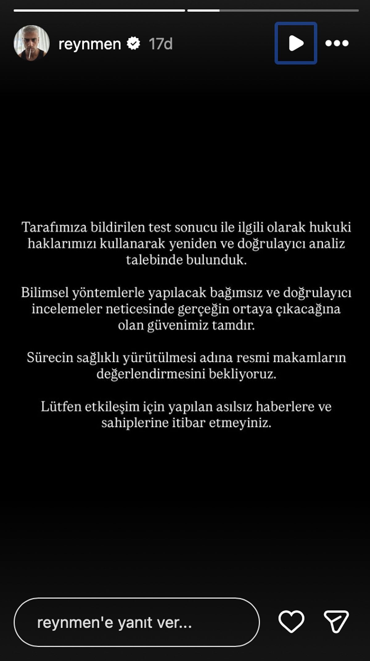 testi pozitif cikan reynmen sosyal medyada aciklamada bulundu