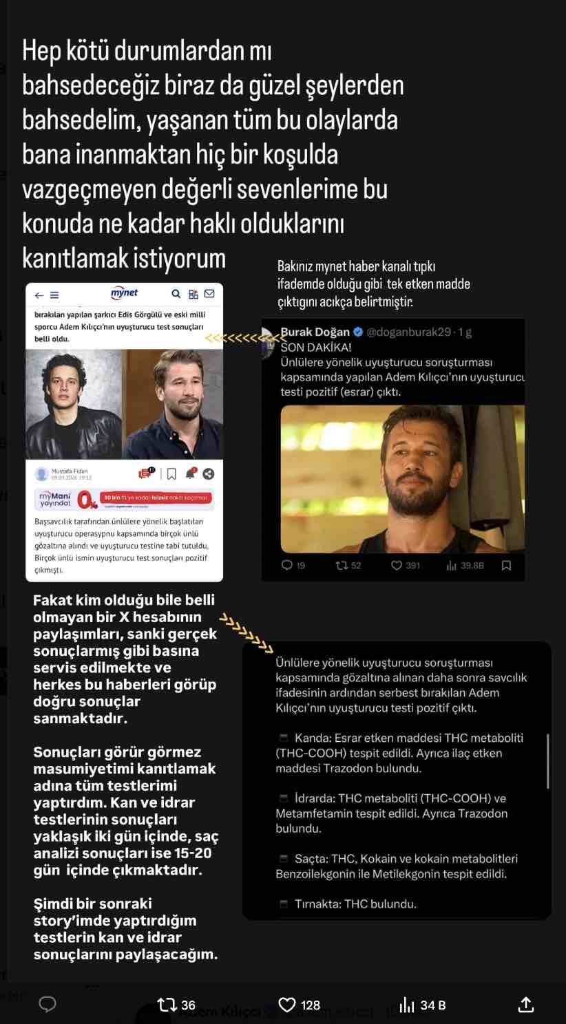 adem kilicci uyusturucu testi sonucunu yayinladi hakkinda yapilan testi pozitif cikti haberine isyan etti