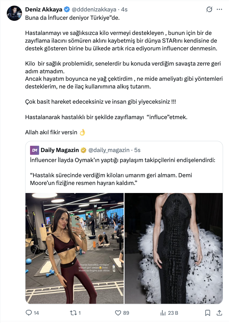 deniz akkaya dan ilayda oymak in zayiflik paylasimina tepki