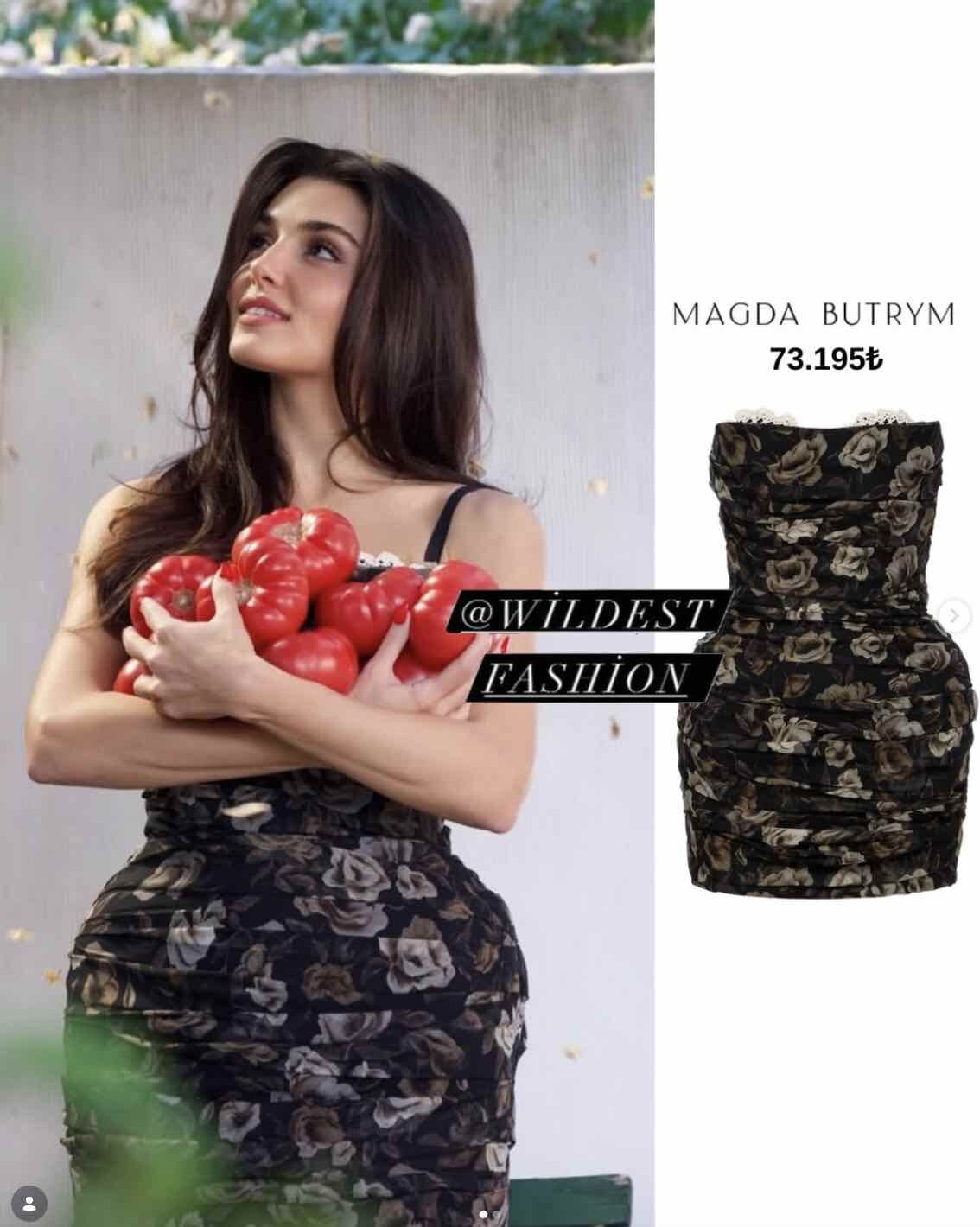 hande ercel in reklam cekiminde giydigi siyah cicek desenli elbisesi ne marka