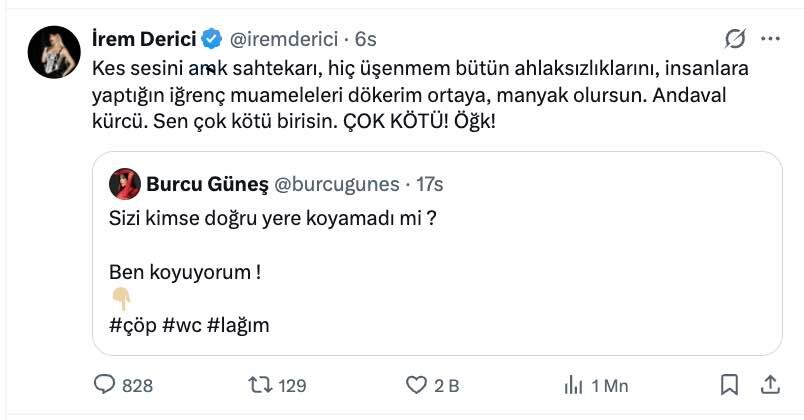 irem derici den burcu gunes e kufurlu cop lagim yaniti 'a..k sahtekarı'