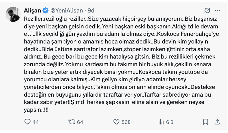 alisan dan galatasaray karsisinda alinan 3-0 lik maglubiyet karisinda tepki gundem oldu