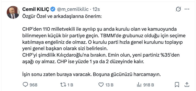 cemil kilic tan ozgur ozel e oneri baska partiye gecin