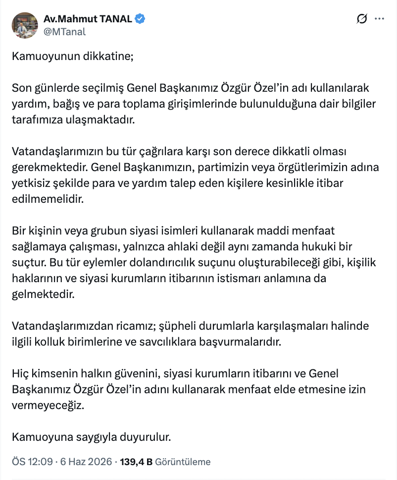 mahmut tanal dan ozgur ozel uyarisi